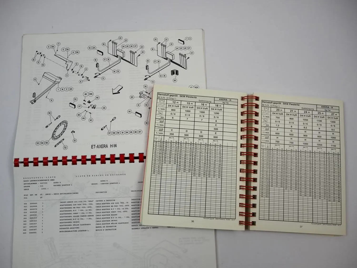 Rauch Axera H EMC Dünderstreuer Ersatzteilliste Streutabelle ca. 2001