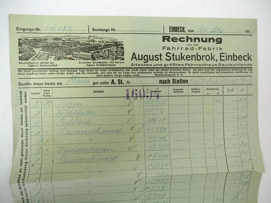 Rechnung Briefumschlag August Stukenbrok Einbeck Fahrrad Fabrik 1928