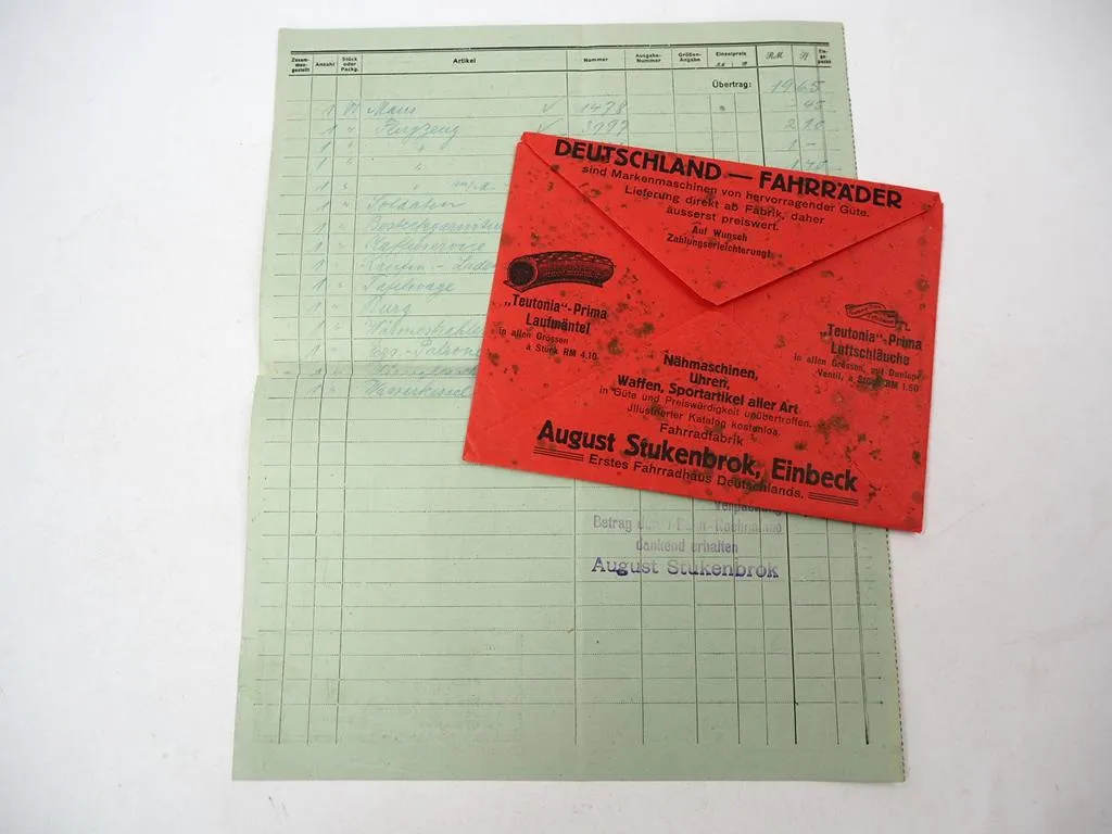 Rechnung Briefumschlag August Stukenbrok Einbeck Fahrrad Fabrik 1928