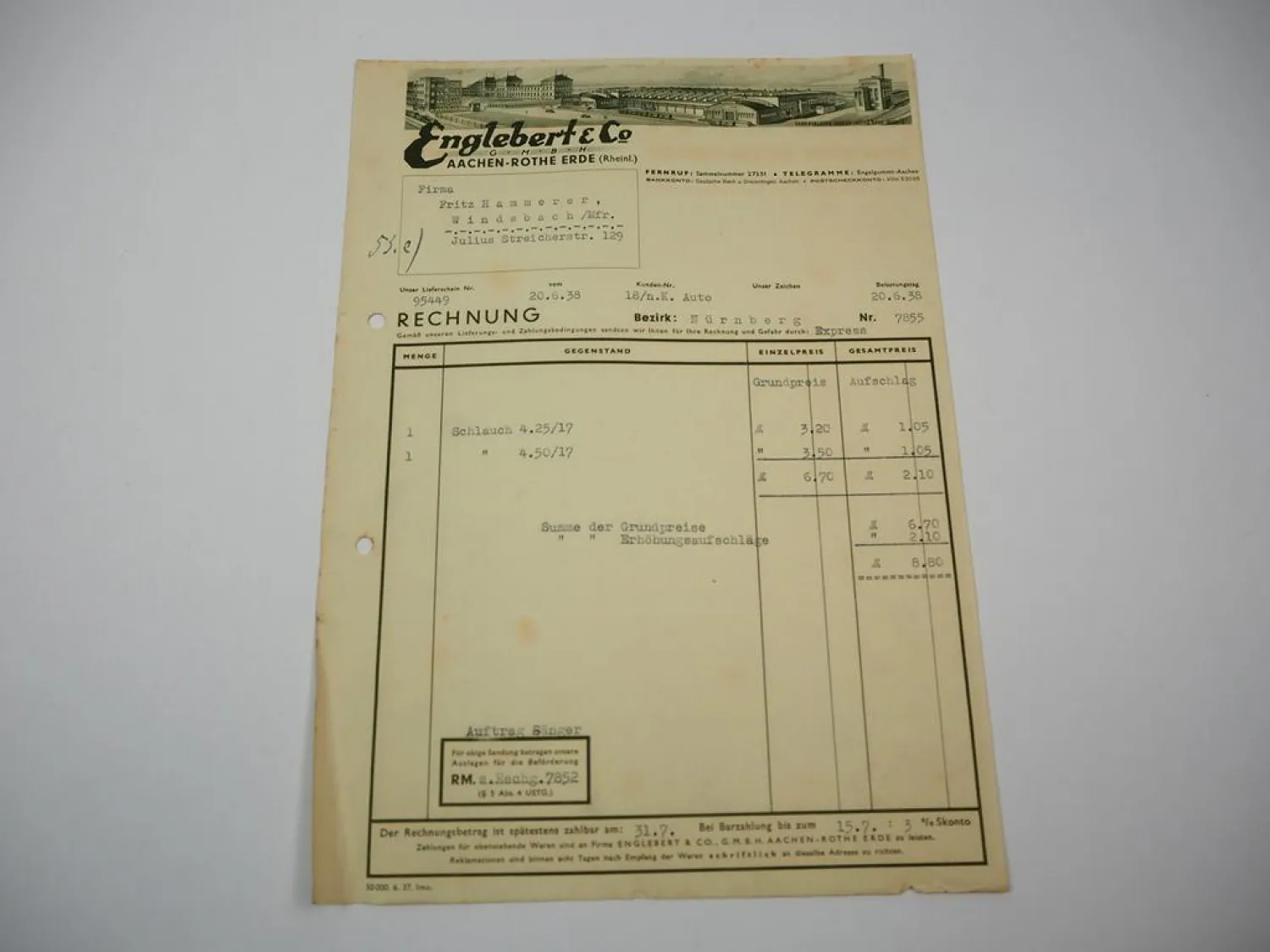 Rechnung Englebert GmbH Aachen Rothe Erde Gummiwerk 1938