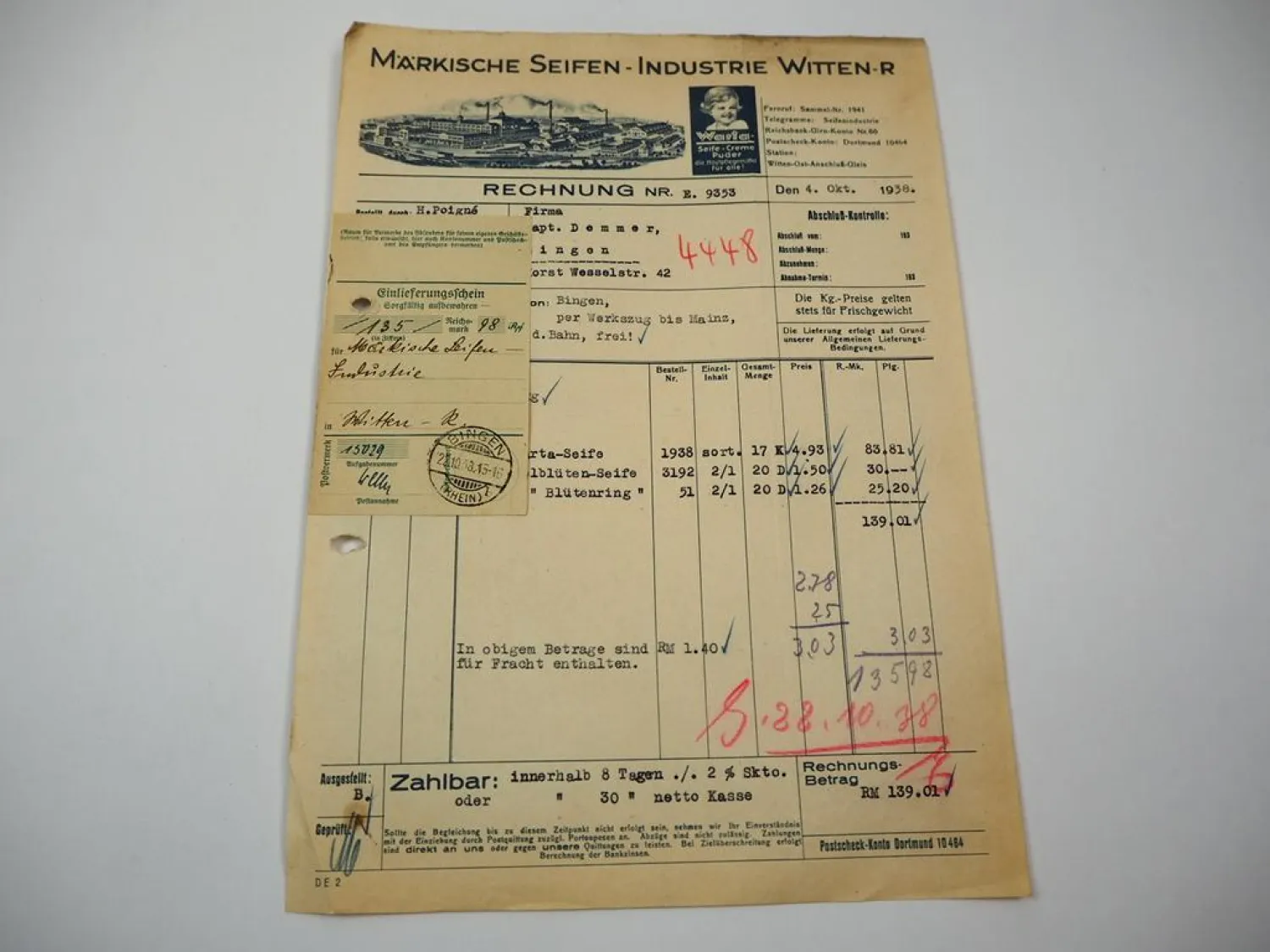 Rechnung Märkische Seifenindustrie Witten 1938 Warta Seife Nordrhein Westfalen