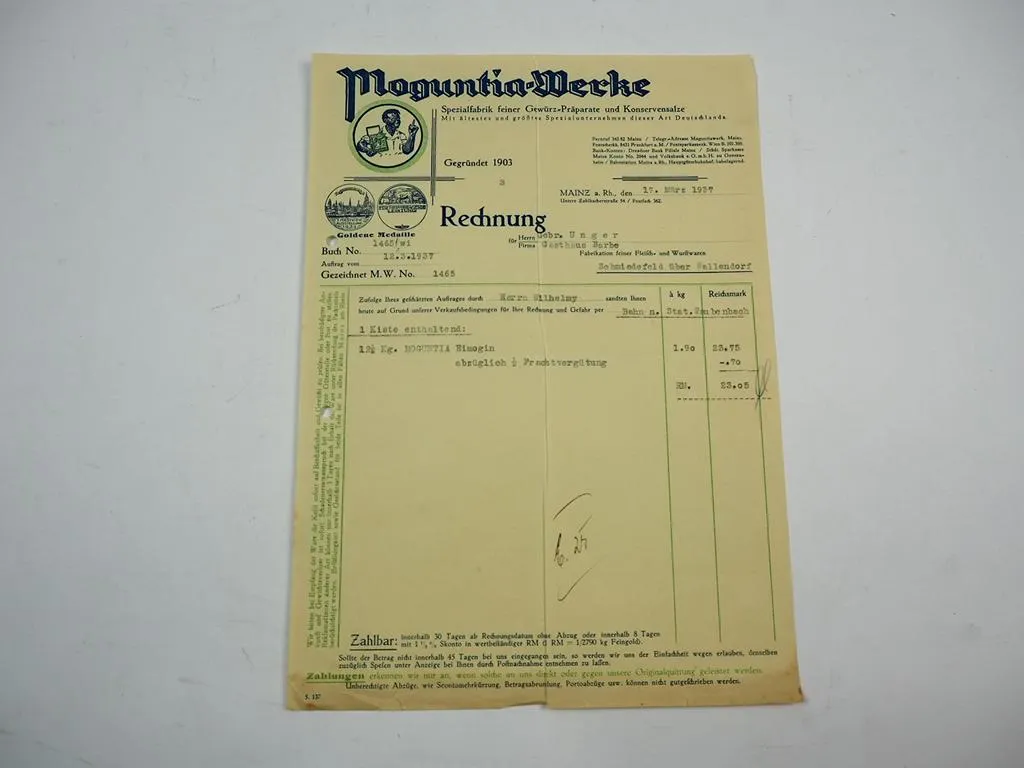 Rechnung Moguntia Werke Mainz Gewürz Präparate 1937