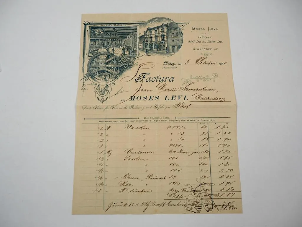 Rechnung Moses Levi Kaufhaus Alzey Rheinland Pfalz 1898