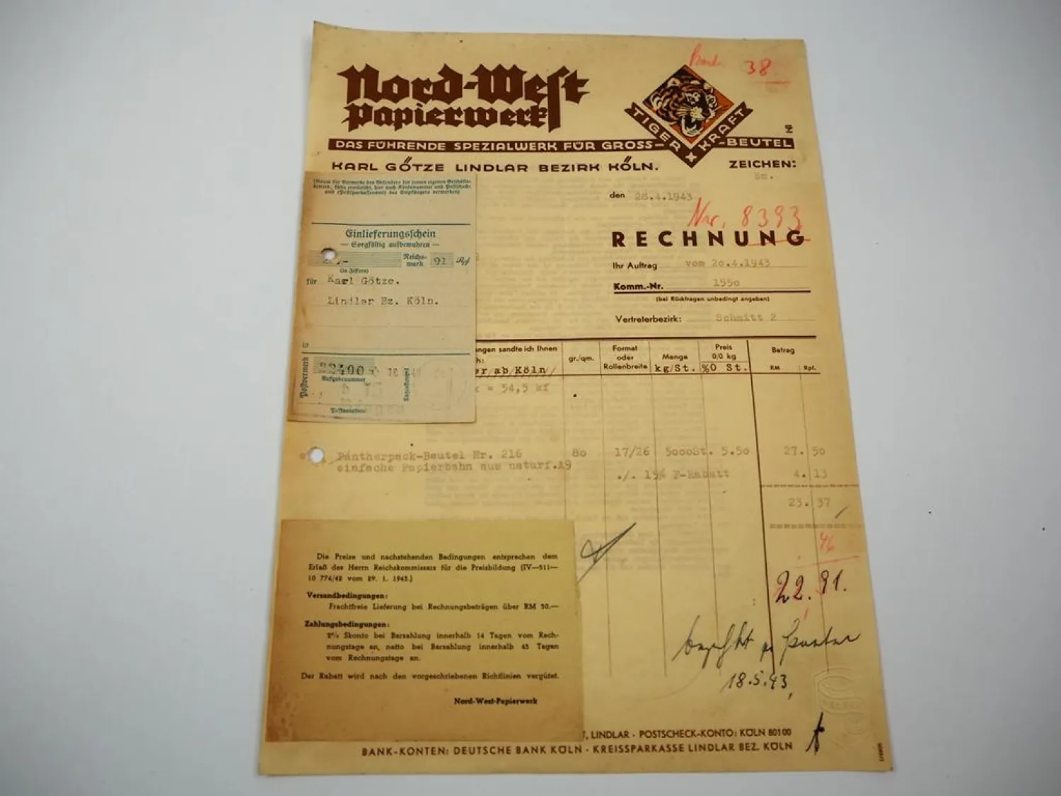 Rechnung Nord West Papierwerk Lindlar Köln 1943 Entwurf Ludwig Hohlwein