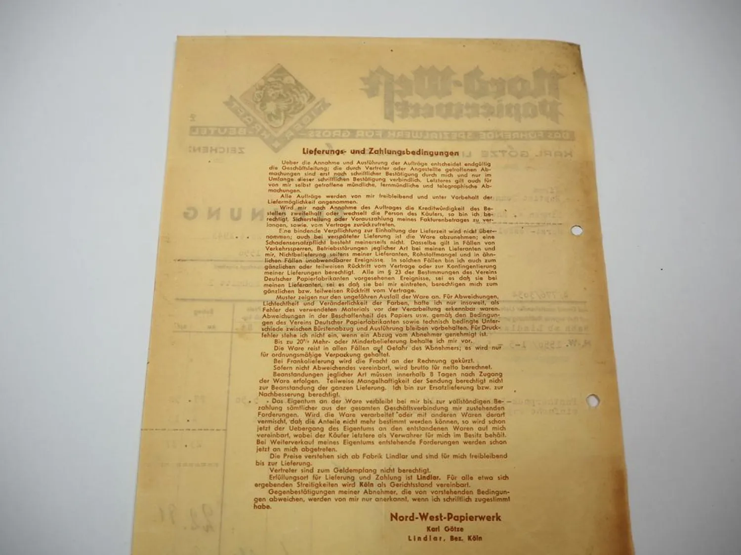 Rechnung Nord West Papierwerk Lindlar Köln 1943 Entwurf Ludwig Hohlwein