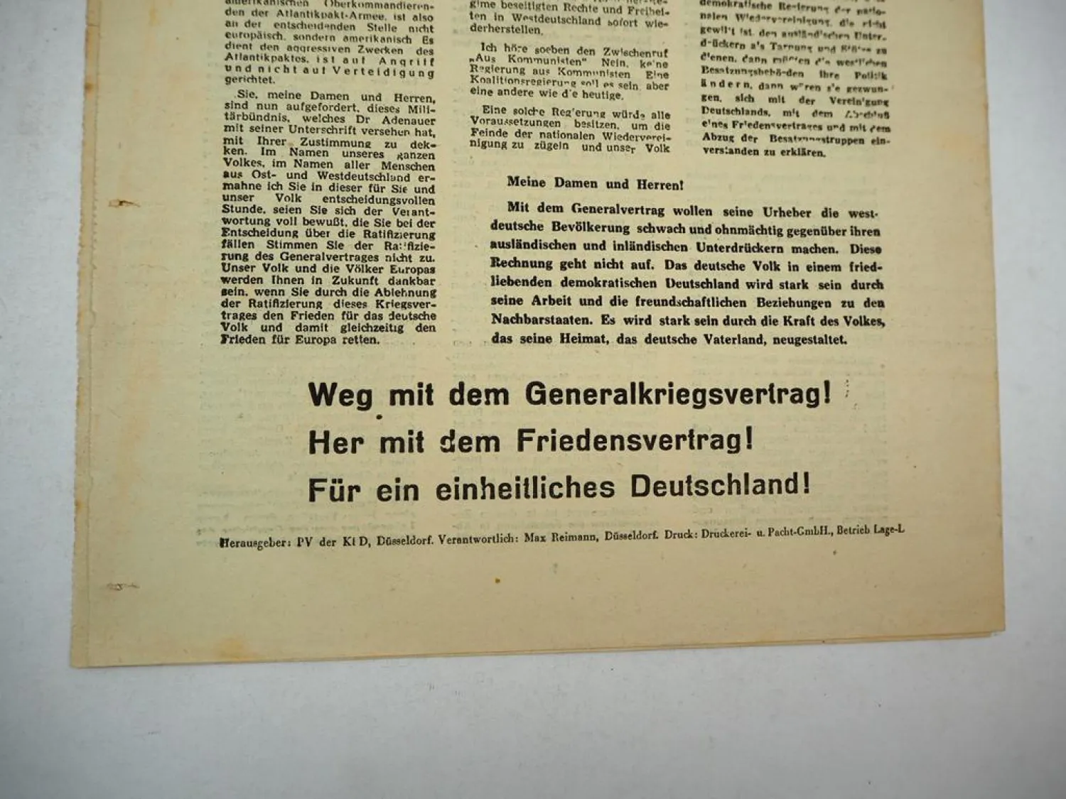 Rede Max Reimann KPD Kommunisten Bundestag 1952 Flugblatt