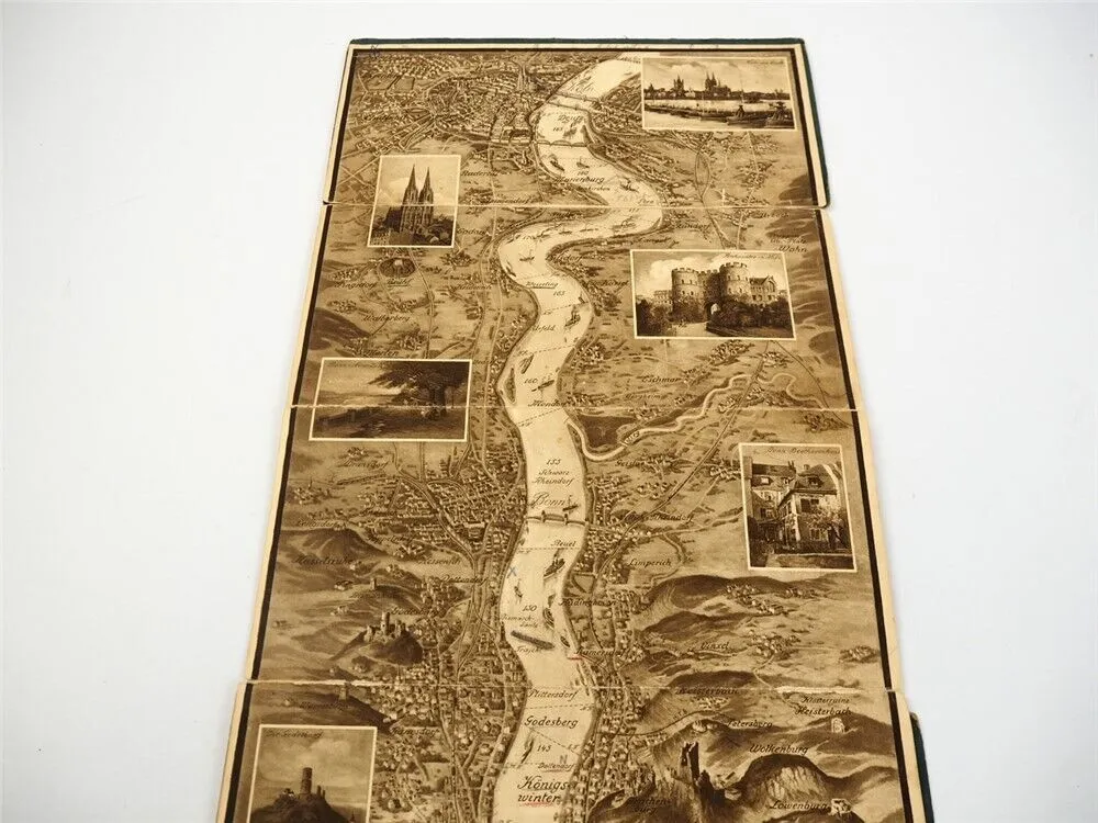 Relief Panorama Karte des Rheins in Kupferdruck ca. 1920 Mainz bis Köln