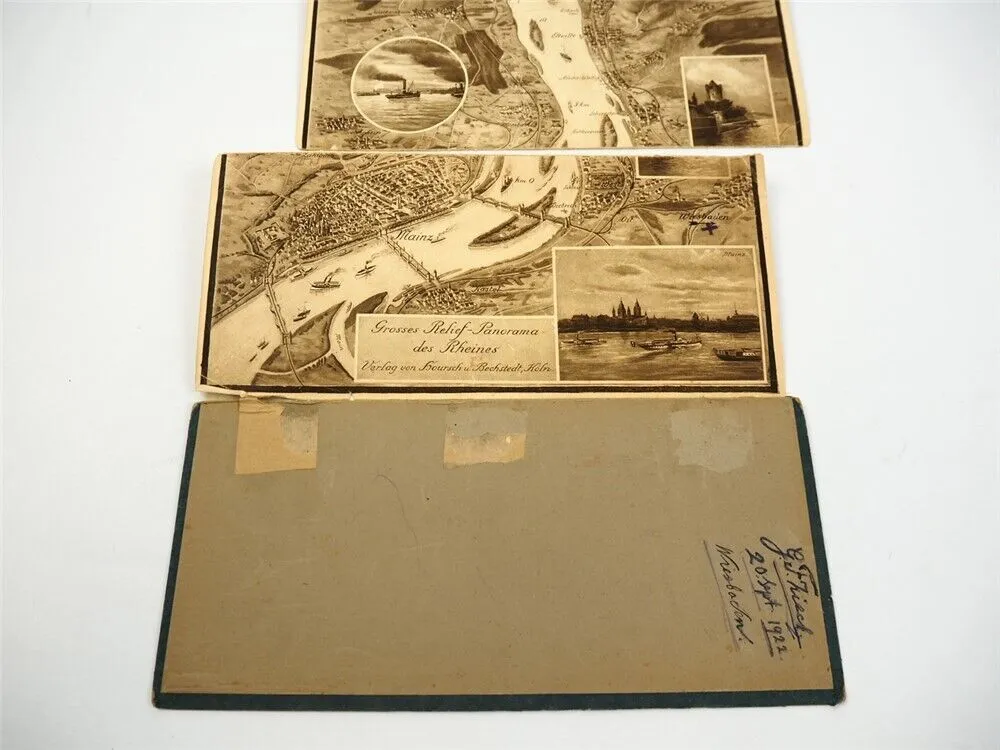 Relief Panorama Karte des Rheins in Kupferdruck ca. 1920 Mainz bis Köln