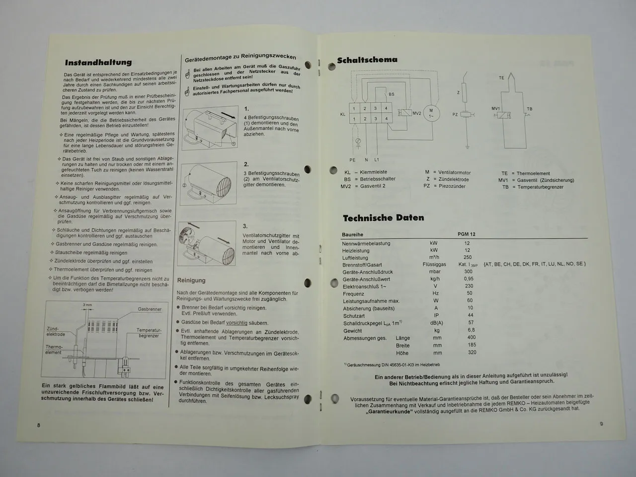 Remko PGM12 Propangas Heizautomat Bedienungsanleitung Ersatzteilliste