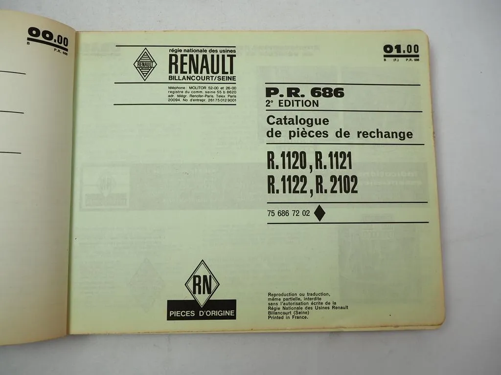 Renault 4 R 1120 1121 1122 2102 Catalogue de Pieces de Rechange P.R.686/2