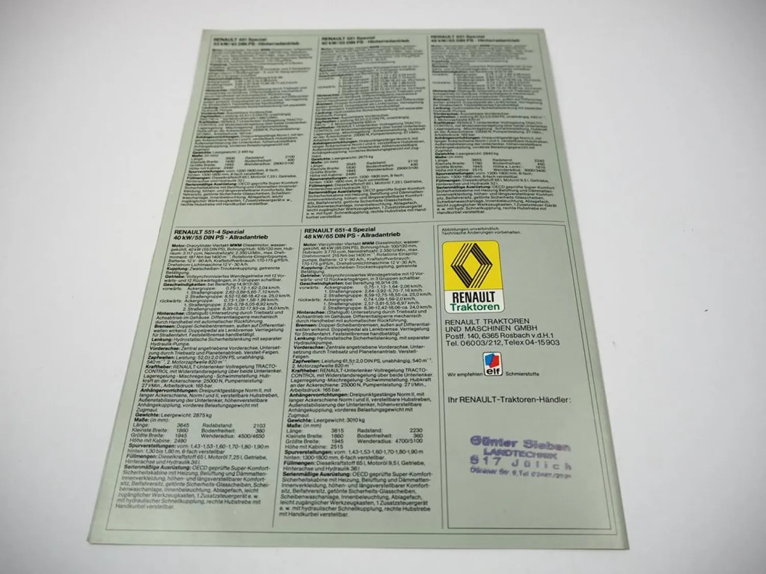 Renault 461 - 651-4 Spezial Traktor Prospekt Programm Technische Daten ca. 1979