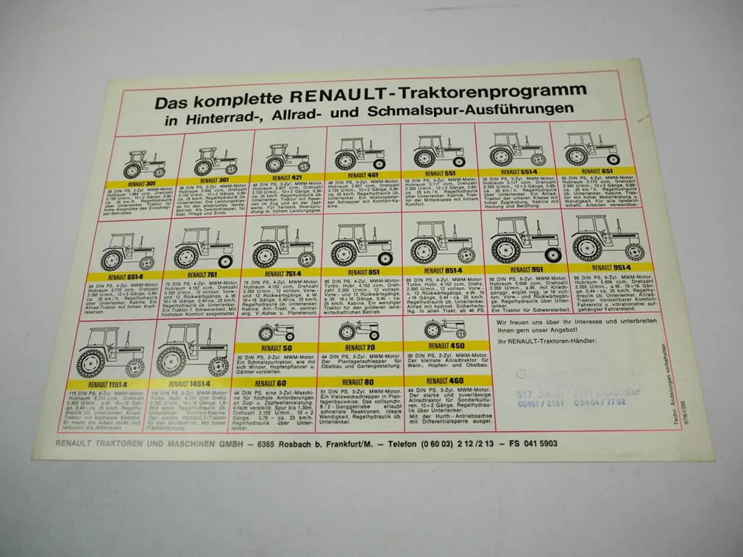 Renault 1151-4 Traktor Programm 30 - 140 PS Weltserie Prospekt technischen Daten