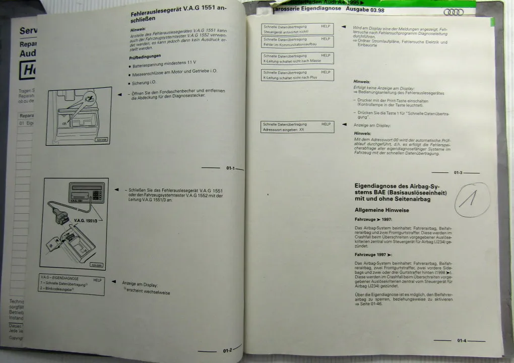 Reparaturleitfaden Audi A4 B5 8D Diagnose Airbag BAE Zentralverriegelung 1999