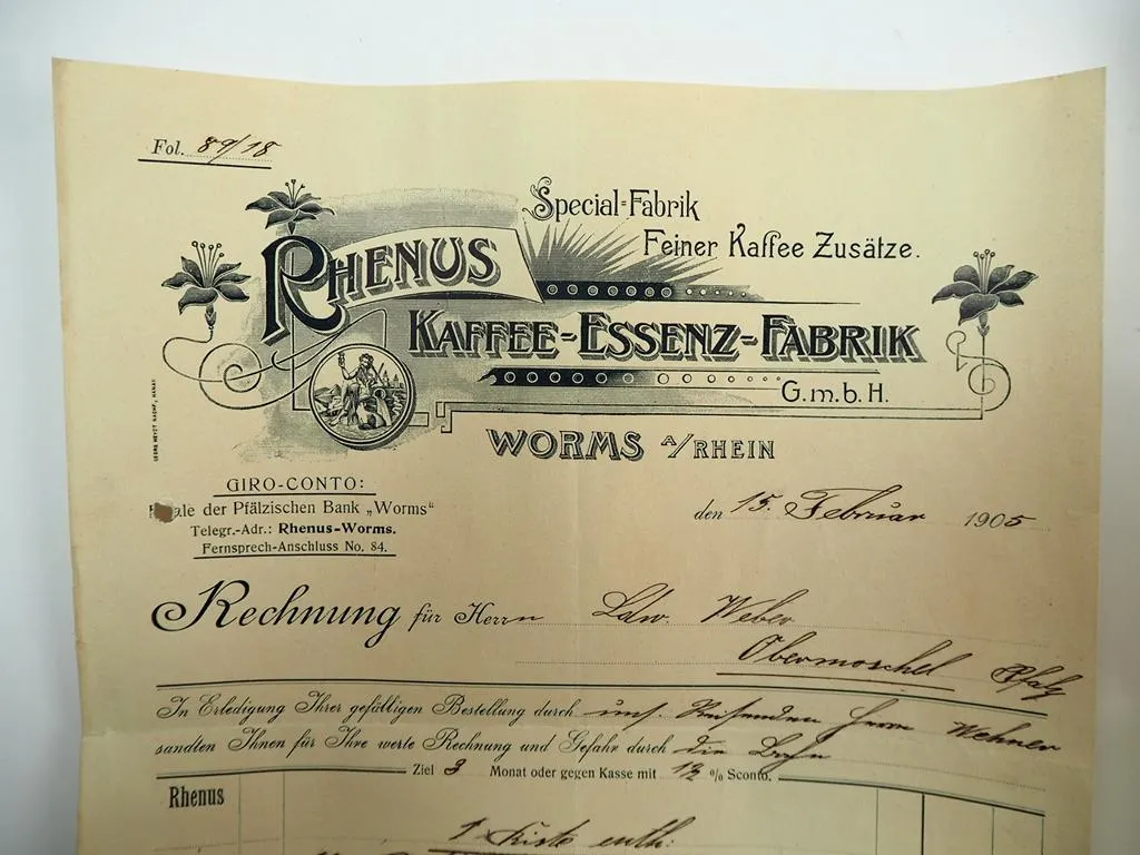 Rhenus Kaffee Essenz Fabrik GmbH Worms am Rhein 3x Rechnung 1905