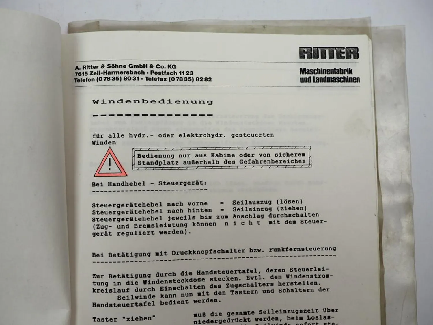 Ritter S66 D/6 Schlepperseilwinde für MB-trac 1000 Betriebsanleitung ETL 1980er