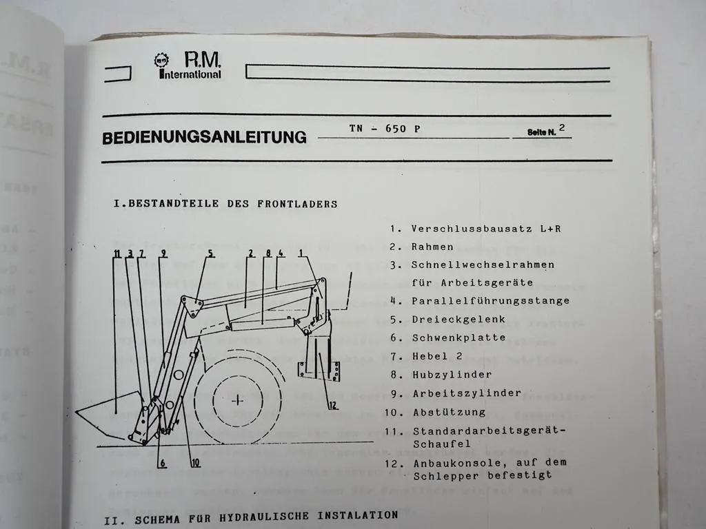R.M. International TN-450P Frontlader Betriebsanleitung Ersatzteilliste 1990er