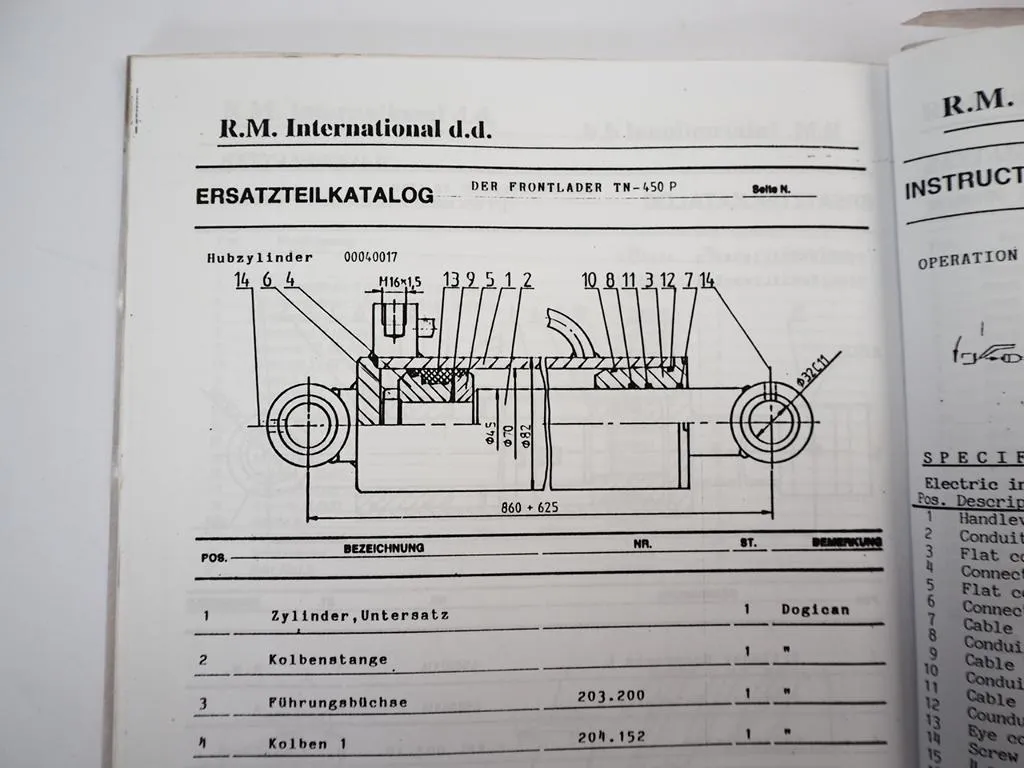 R.M. International TN-450P Frontlader Betriebsanleitung Ersatzteilliste 1990er