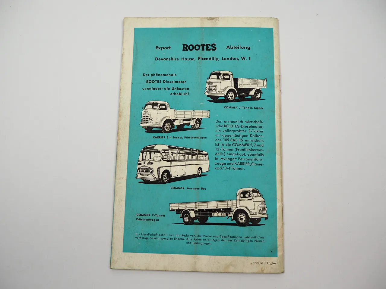 Rootes Dieselmotor 105 PS Zweitakt Technische Beschreibung 1964 für Commer LKW