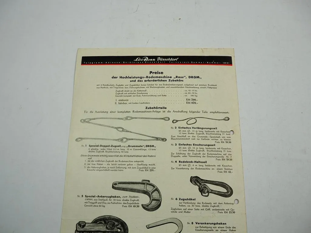 Ross Rodemaschine Poppelsdorf Seilwinde Zubehör Prospekt ca 1937 Ross Düsseldorf