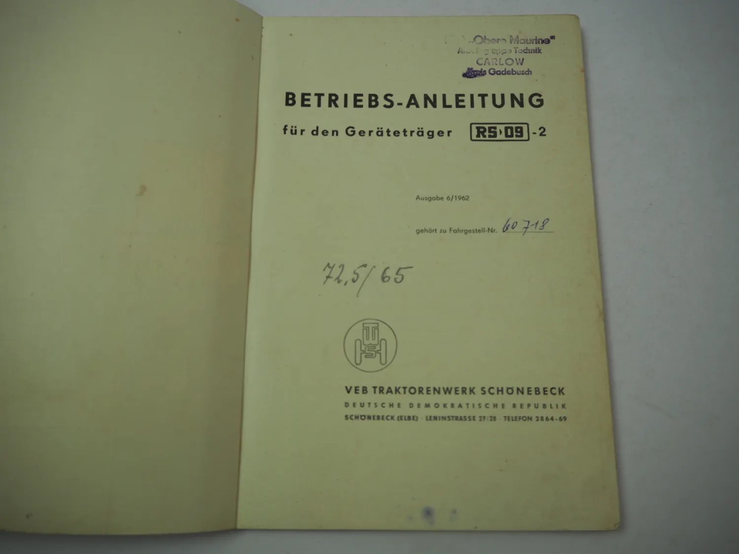 RS 09 -2 Geräteträger Betriebsanleitung Bedienungsanleitung 1962