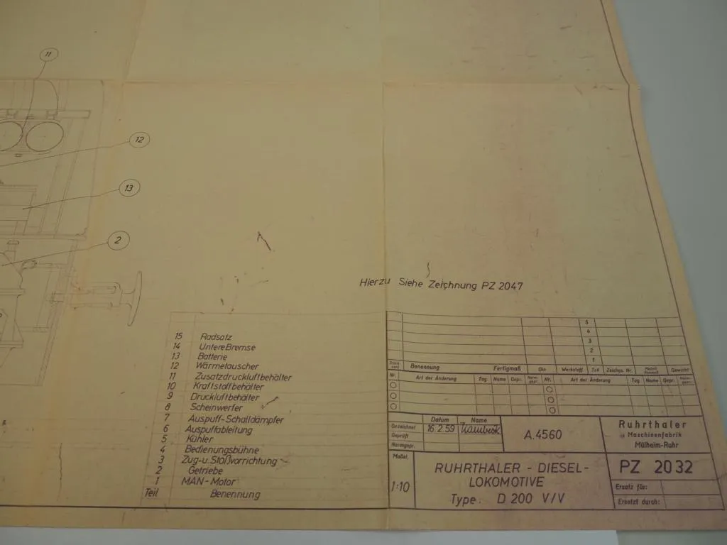 Ruhrthaler Diesel Lokomotive D200 V/V Techn Zeichnung 1959 Mühlheim Ruhr