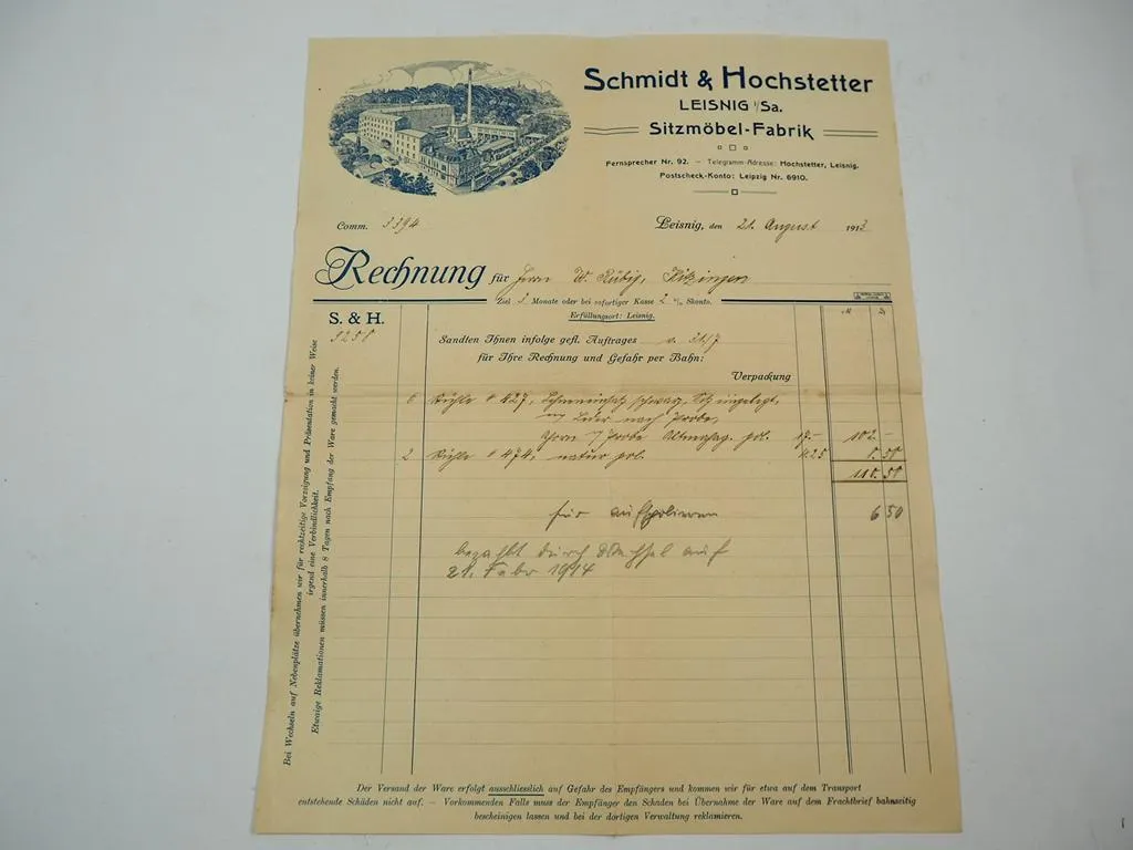 S&H Schmidt & Hochstetter Leisnig Sachsen Sitzmöbel Fabrik Rechnung Stühle 1913