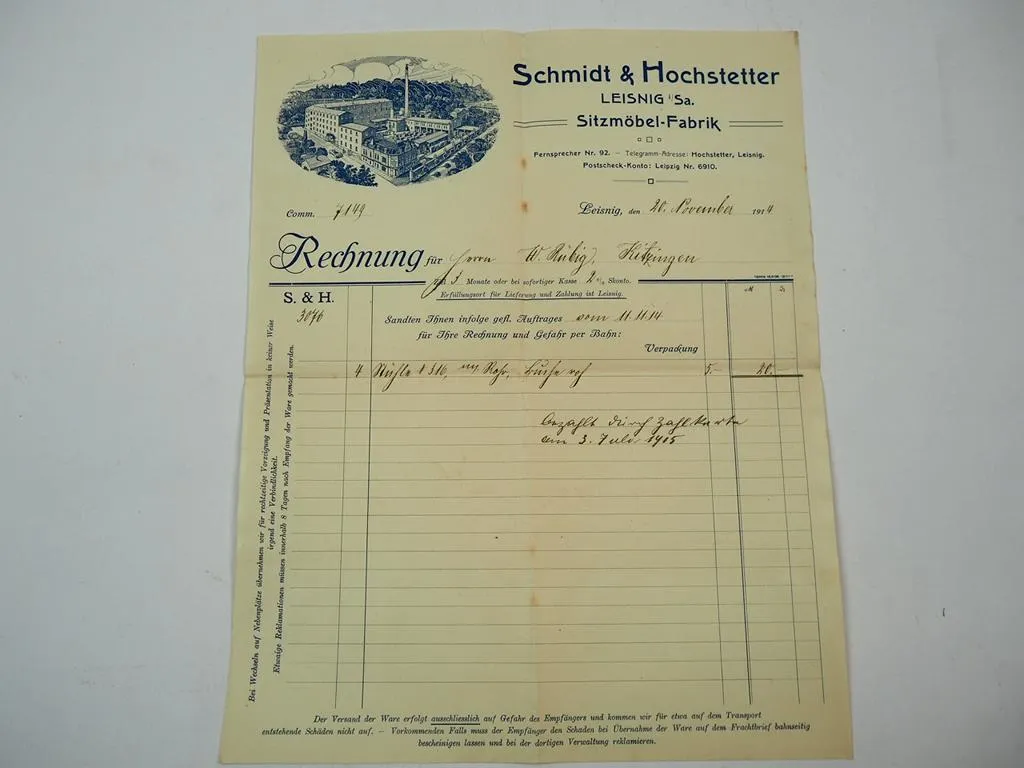 S&H Schmidt & Hochstetter Leisnig Sachsen Sitzmöbel Fabrik Rechnung Stühle 1914