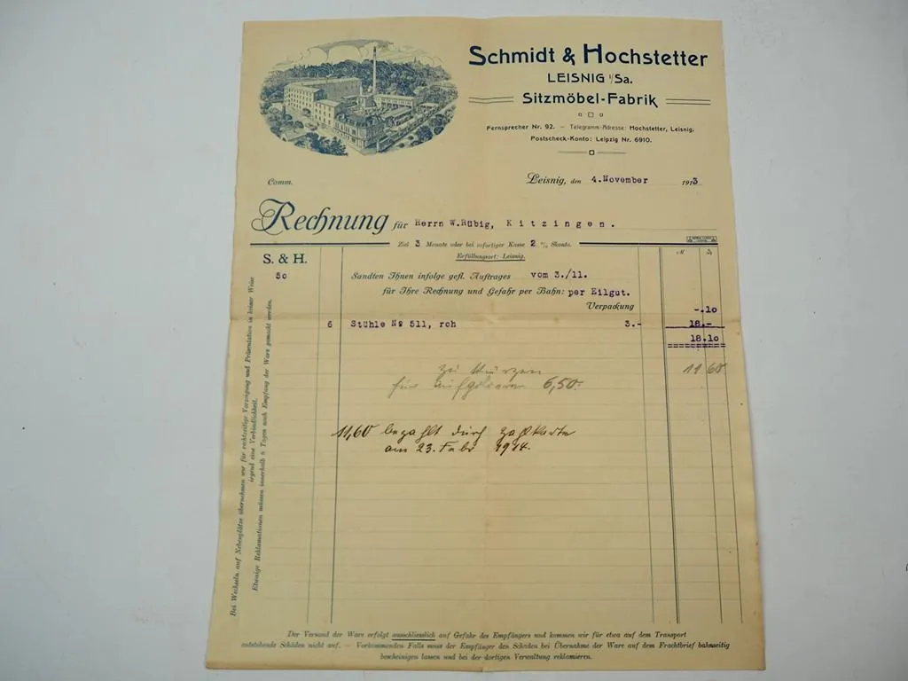 S&H Schmidt & Hochstetter Leisnig Sachsen Sitzmöbel Stuhl Fabrik Rechnung 1913