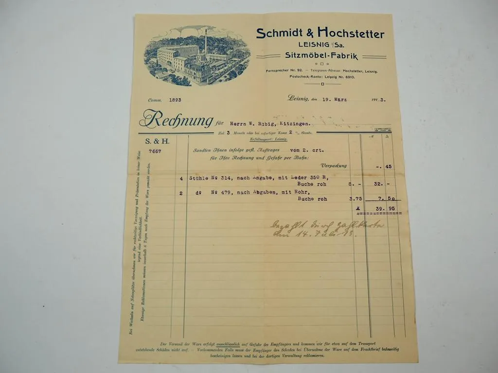 S&H Schmidt & Hochstetter Leisnig Sitzmöbel Rechnung Stühle mit Leder Rohr 1913