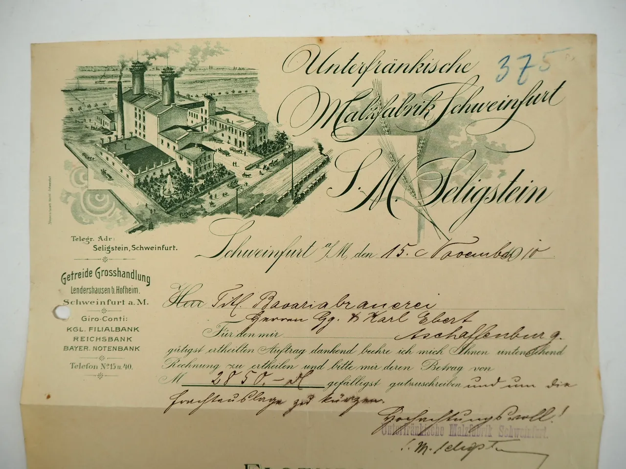 S. M. Seligstein Unterfränkische Malzfabrik Schweinfurt Bayern Rechnung 1910