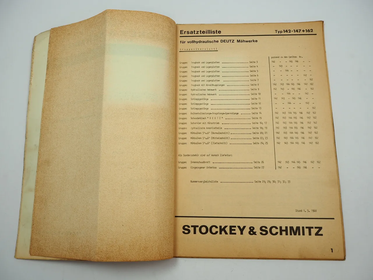 S&S 142 143 144 145 146 147 162 Mähwerk für Deutz Schlepper Ersatzteilliste 1968