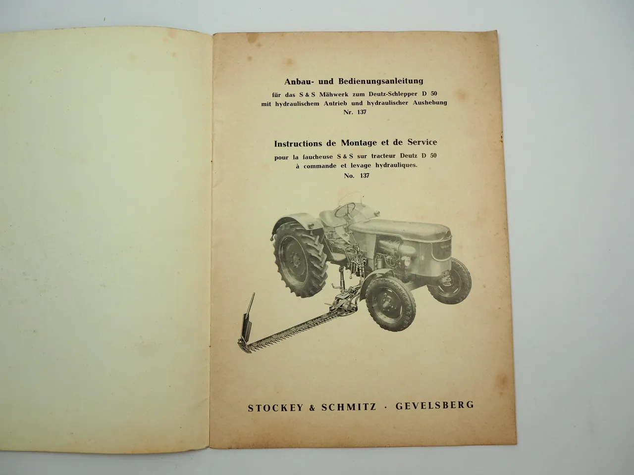 S&S Mähwerk für Deutz D50 Schlepper Bedienungsanleitung Anbau 1964