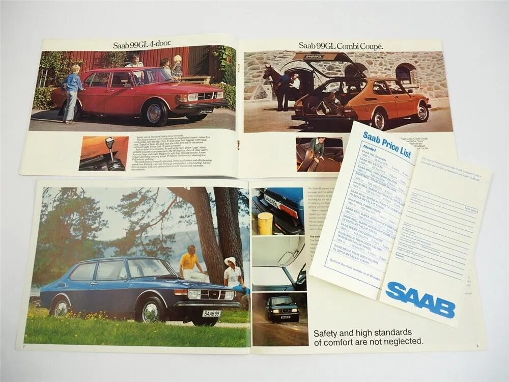 Saab 99 GL GLE EMS 2x Prospekt Brochure Price List 1974/77