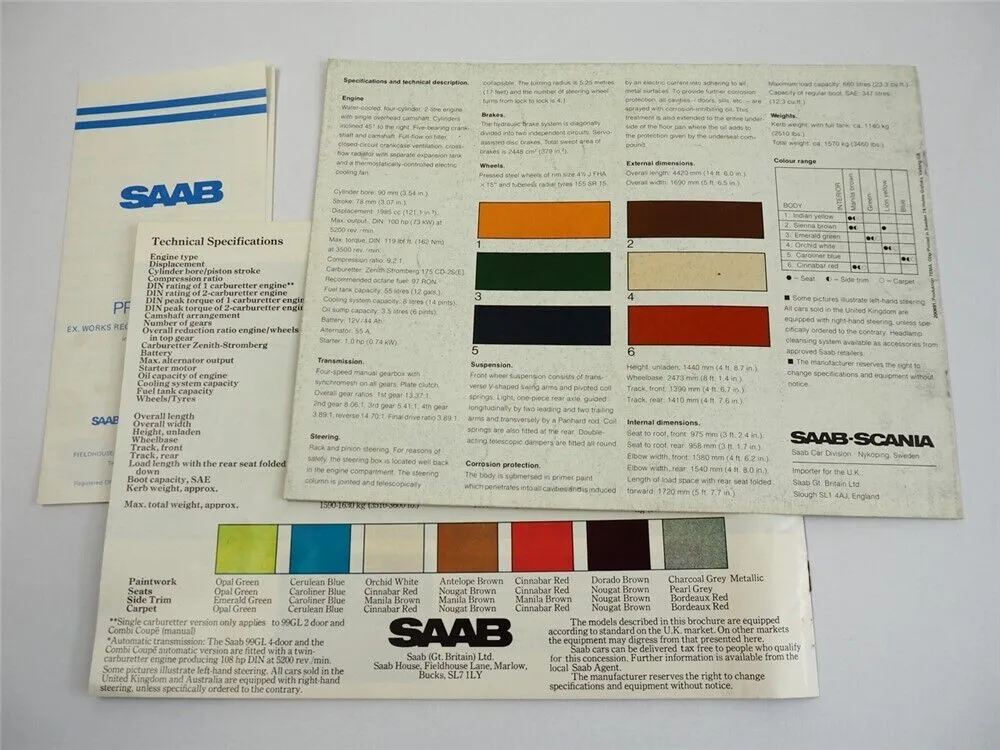 Saab 99 GL GLE EMS 2x Prospekt Brochure Price List 1974/77