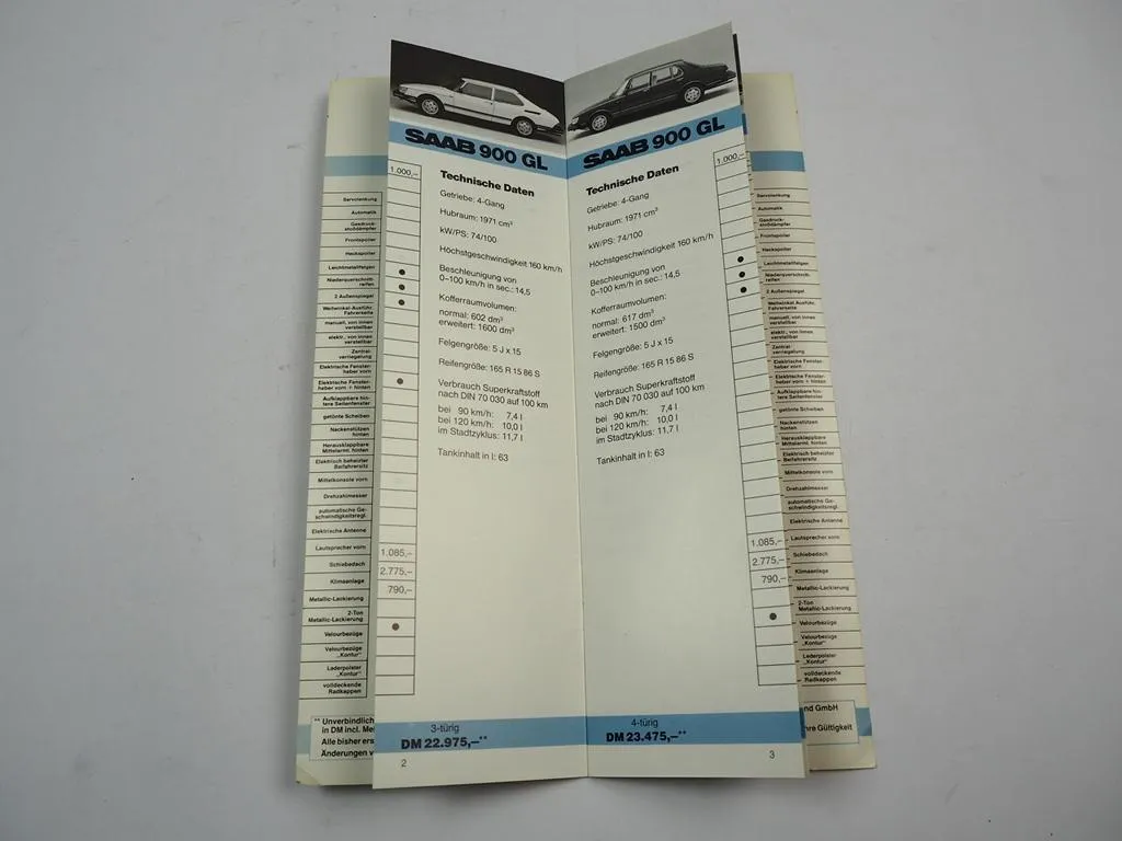 Saab 99GL 900 GL GLi GLE turbo Ausstattung Preisliste 1983