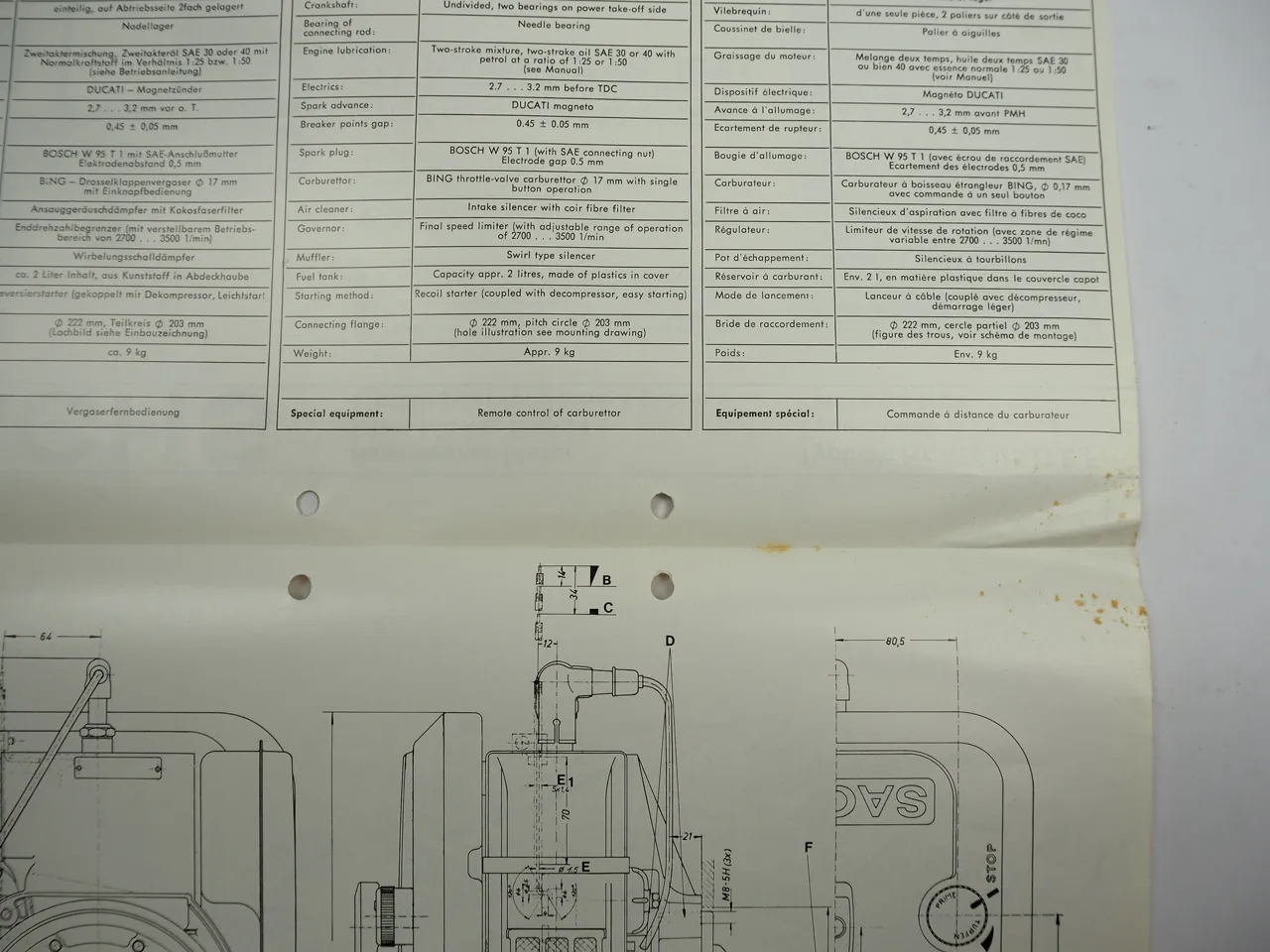 Sachs SB93 Rasenmähermotor Lawn Mower Enginge Typenblatt Technische Daten Maße