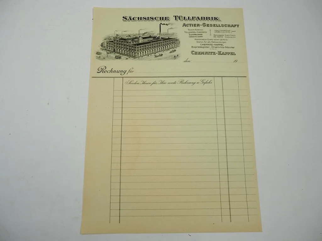 Sächsische Tüllfabrik AG Chemnitz Kappel blanko Rechnung um ca 1910