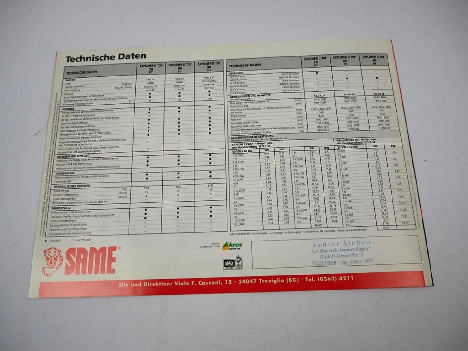 Same Explorer II Top 70 80 90 DT Traktor Prospekt Technische Daten 10/1999