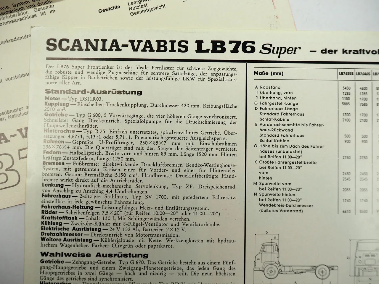 Scania Vabis LB76 LKW 2x Prospekt mit technischen Daten ca. 1965