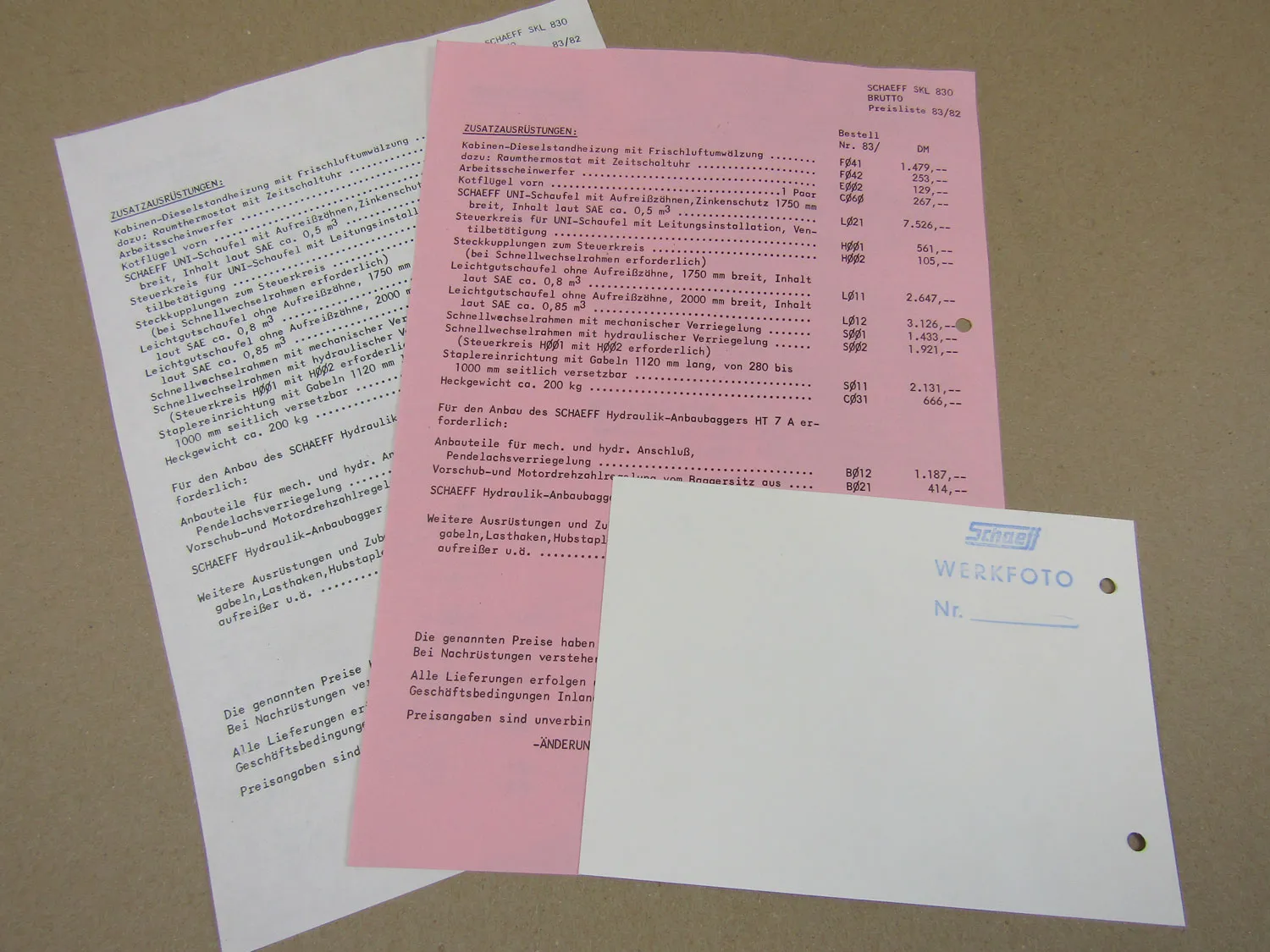 Schaeff SKL 830 Allrad Schaufellader Preisliste und Werksfoto 80er Jahre
