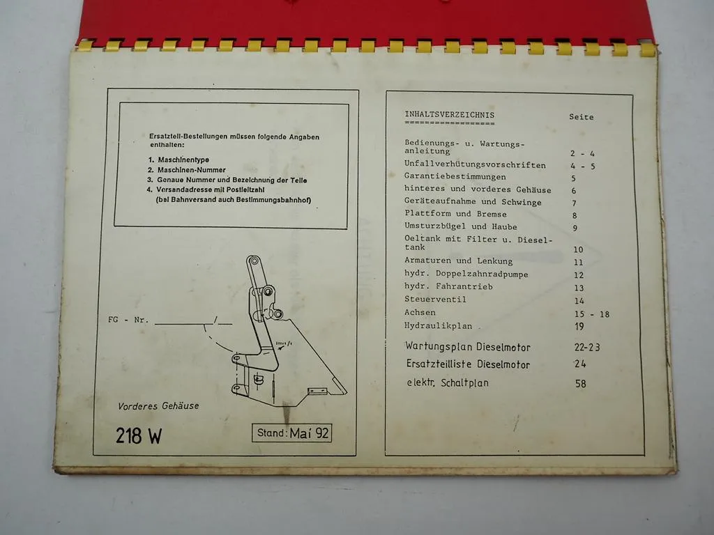 Schäffer 218W Hoflader Radlader Betriebsanleitung Bedienung Ersatzteilliste 1992