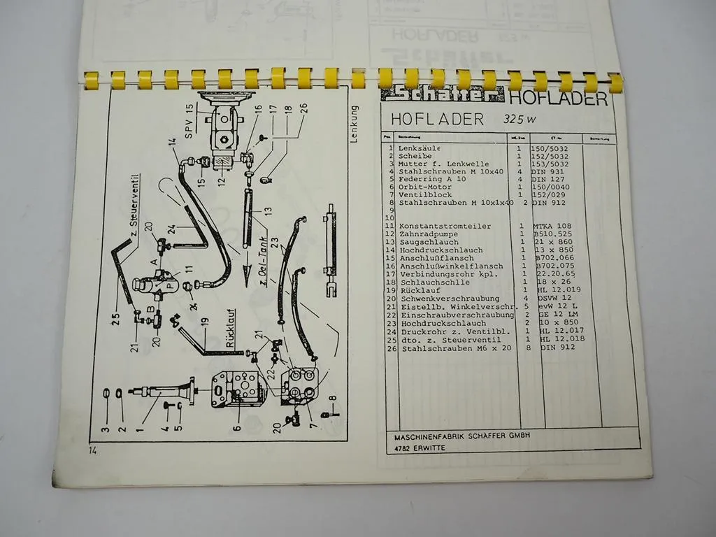 Schäffer 325W Lader Hoflader Betriebsanleitung Ersatzteilliste 1990