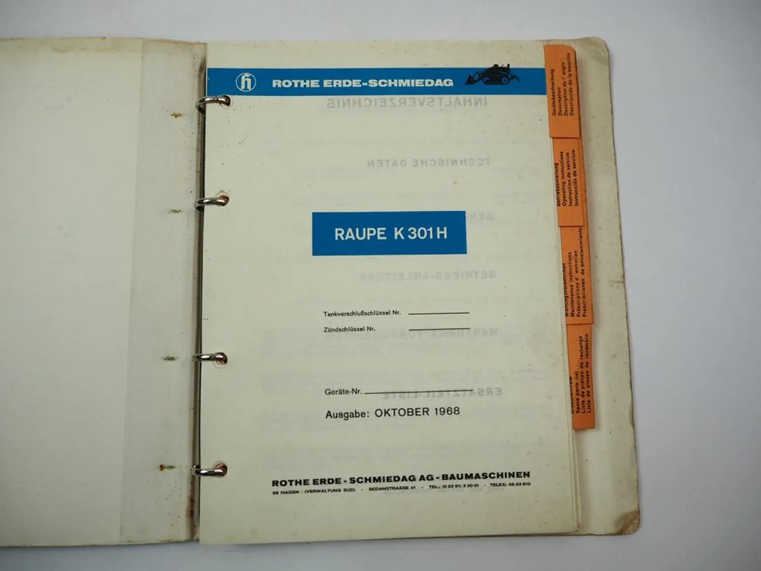 Schmiedag K301H Raupe Betriebsanleitung Wartung Ersatzteilliste 1968