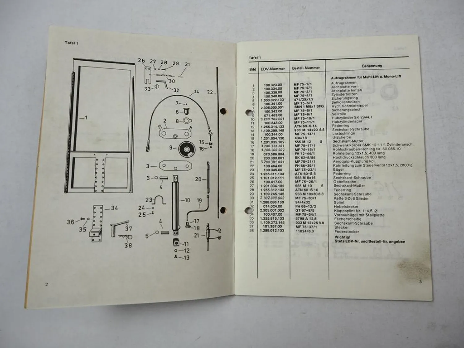 Schmotzer Multi-Lift Mono-Lift Frontkraftheber Ersatzteilliste ab 1977