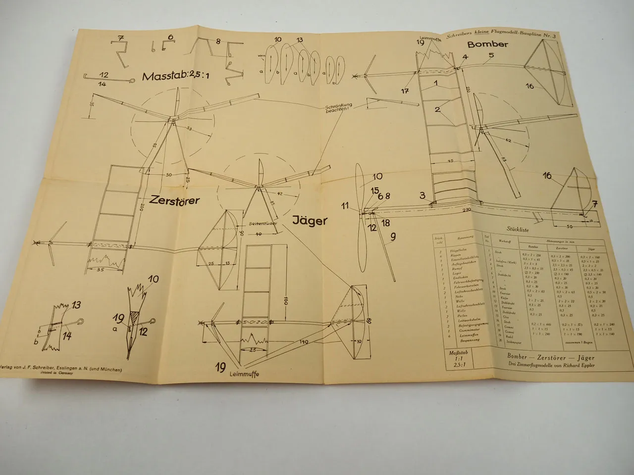 Schreibers kleiner Flugmodell Bauplan Nr. 3 Bomber Zerstörer Jäger 1930er J.