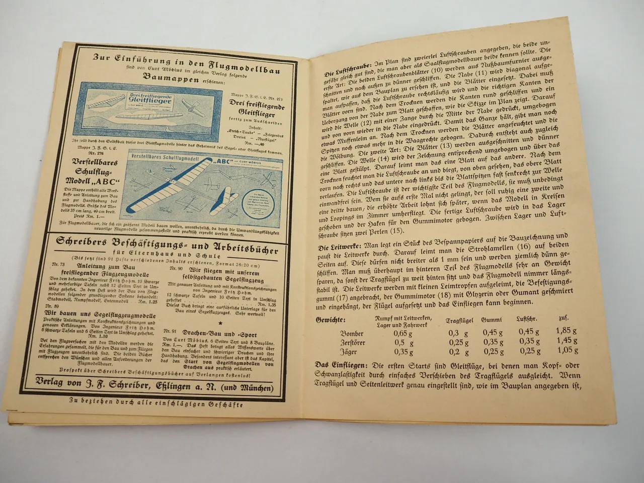 Schreibers kleiner Flugmodell Bauplan Nr. 3 Bomber Zerstörer Jäger 1930er J.