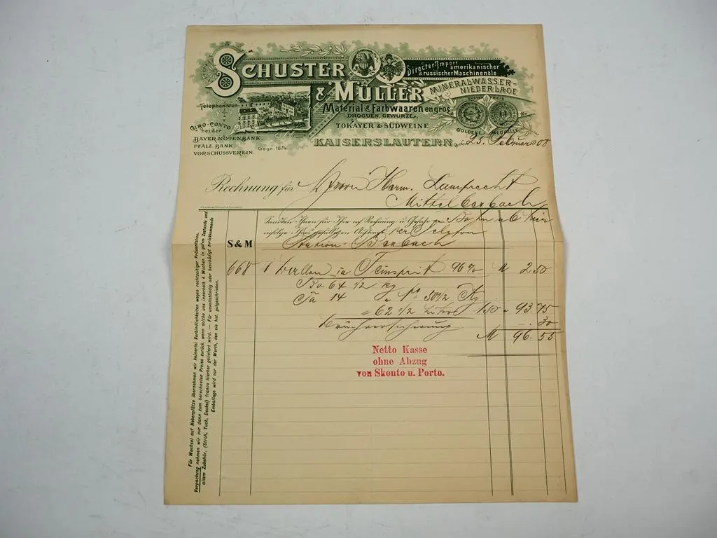 Schuster & Müller Material Farbwaren Kaiserslautern Rechnung 1908