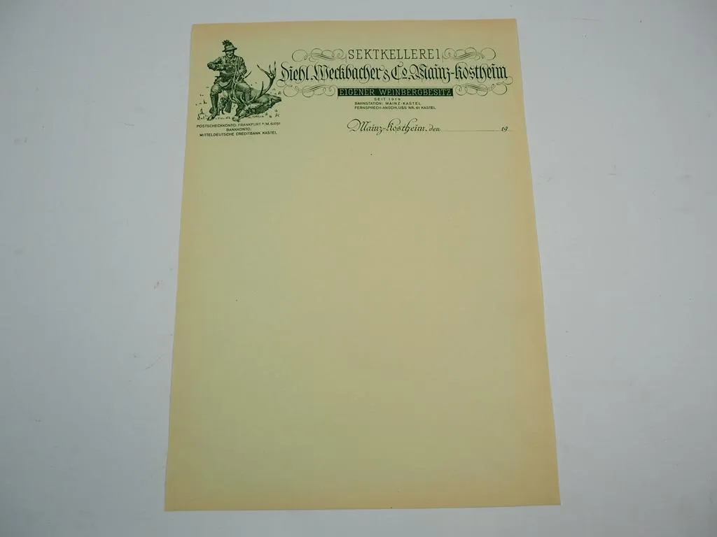 Sektkellerei Diehl Weckbacher & Co. Mainz Kostheim Briefbogen ca. 1920