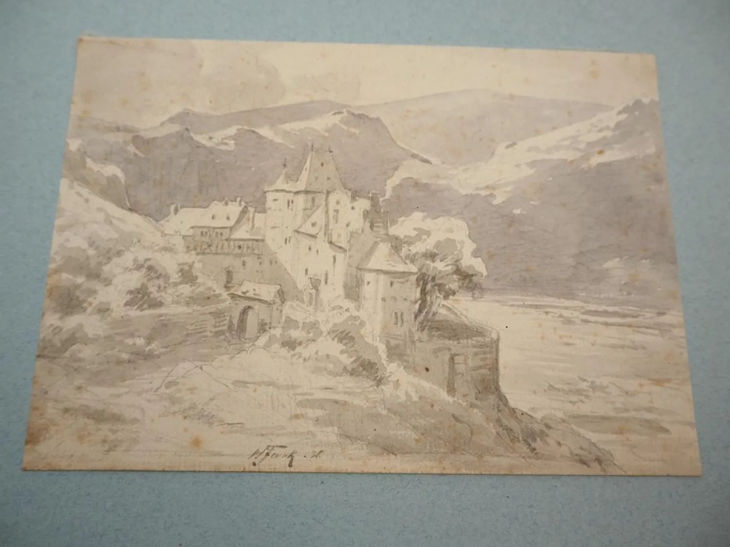 Sepia Tuschezeichnung Heinrich Funk Stuttgart 1836 Burg in Tirol Österreich