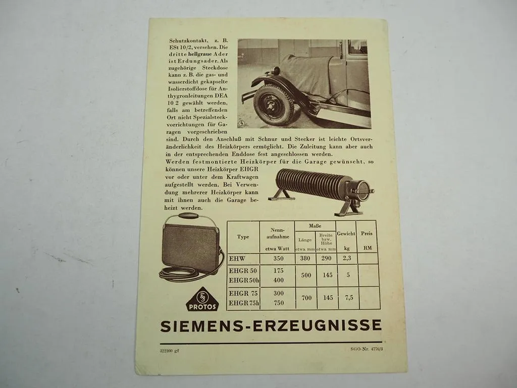 Siemens Protos Kraftwagen und Garagen Heizkörper Prospekt 1930er Jahre